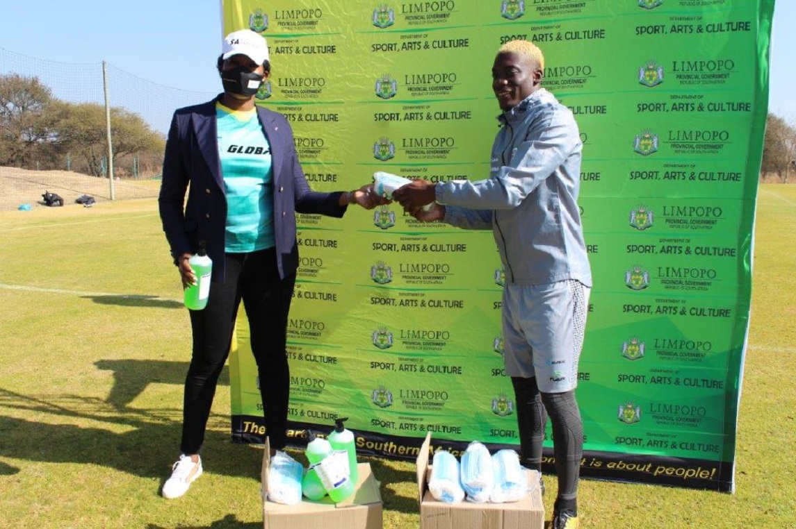 MEC Thandi Moraka visits Limpopo PSL Teams to monitor Covid19 Health Regulations compliance ahead of the League resume. Baroka FC and Black Leopards were presented with Masks, Sanitisers and Thermometers